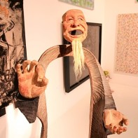 A Japanese wood sculpture displayed inside the 3331 Arts Chiyoda gallery.