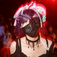 Dressed-up goth DJ Mikan on the dancefloor.